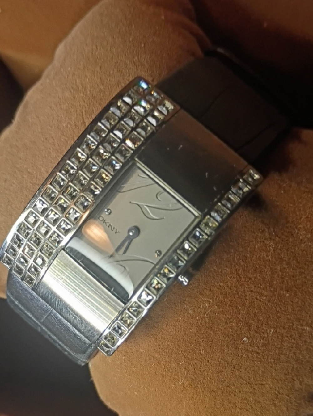 DKNY Silver Crystal Accent Women's Bracelet Watch with Black Strap